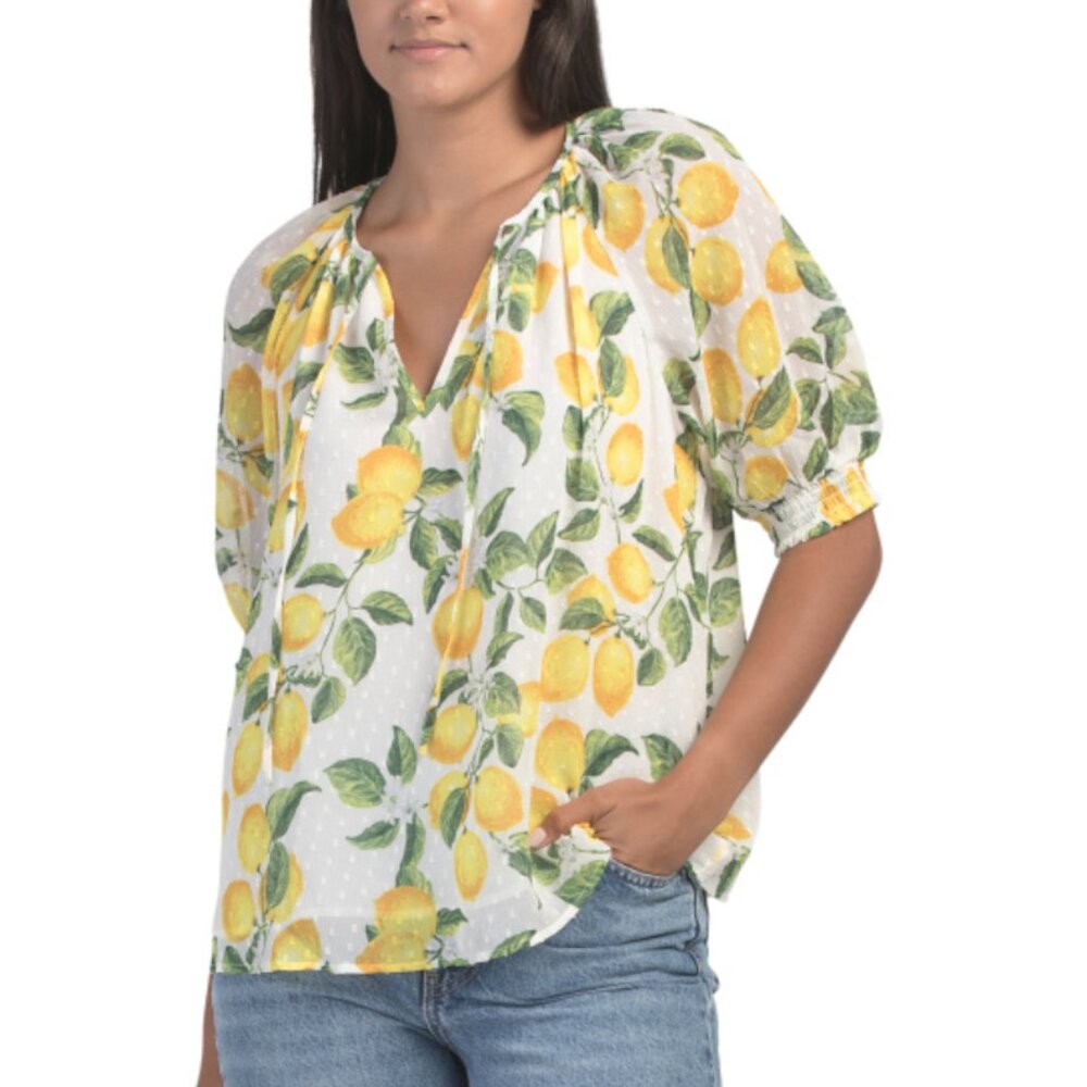 NWT RACHEL ZOE Short Raglan Sleeve Fully Lined V-neck Lemon Print Blouse